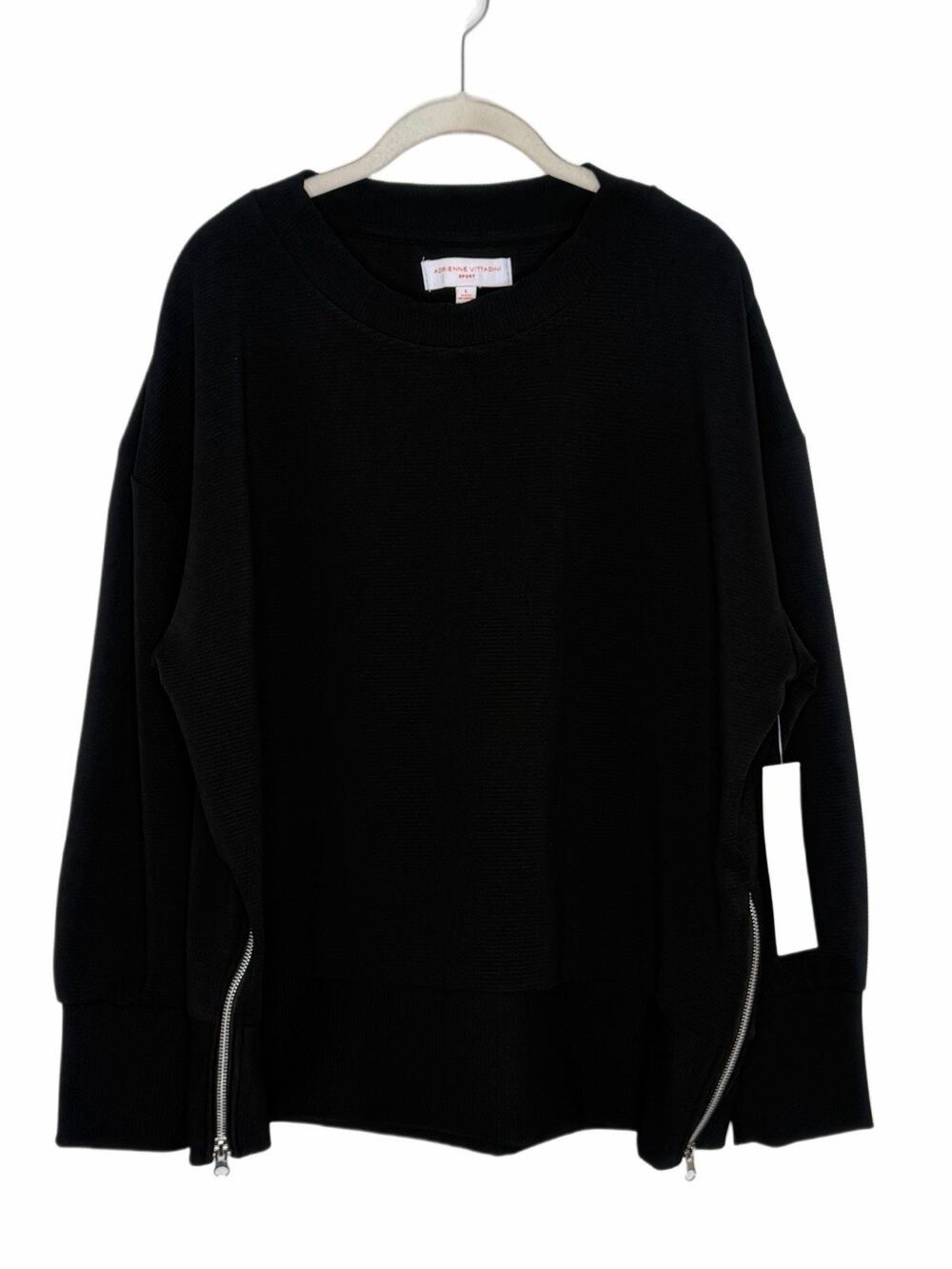 Adrienne Vittadini Sport Black Ribbed Long Sleeve Side Zip Crew Neck Sweater L